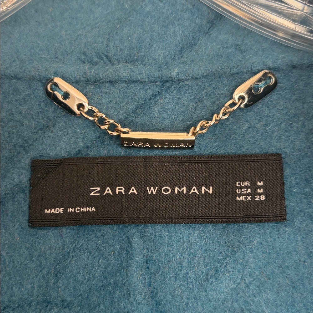 ZARA TEAL BLUE WOOL BLEND LONGLINE HAND-MADE 1 BUTTON CLOSURE DRESS COAT SZ MED - Picture 10 of 12